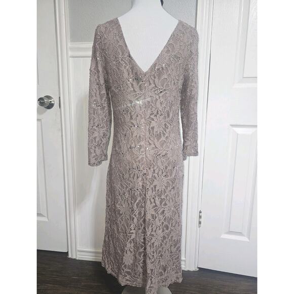 Vtg Marina Taupe Mesh Lace Sequin Beaded Sheath Dress Size 12 Cocktail Party - Picture 4 of 13